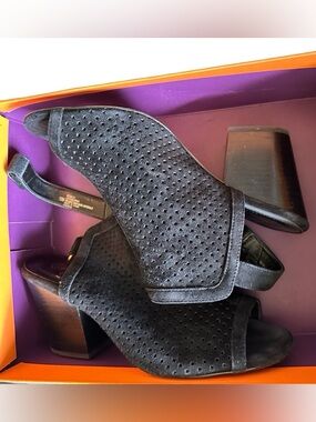 Isola Black Perforated Slingback Block Heel Sandals